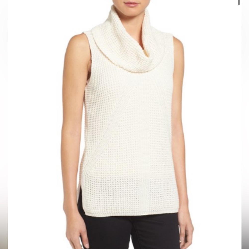 Two by Vince Camuto Sleeveless Waffle Stitch Cowl Neck Sweater | Cream | Size S